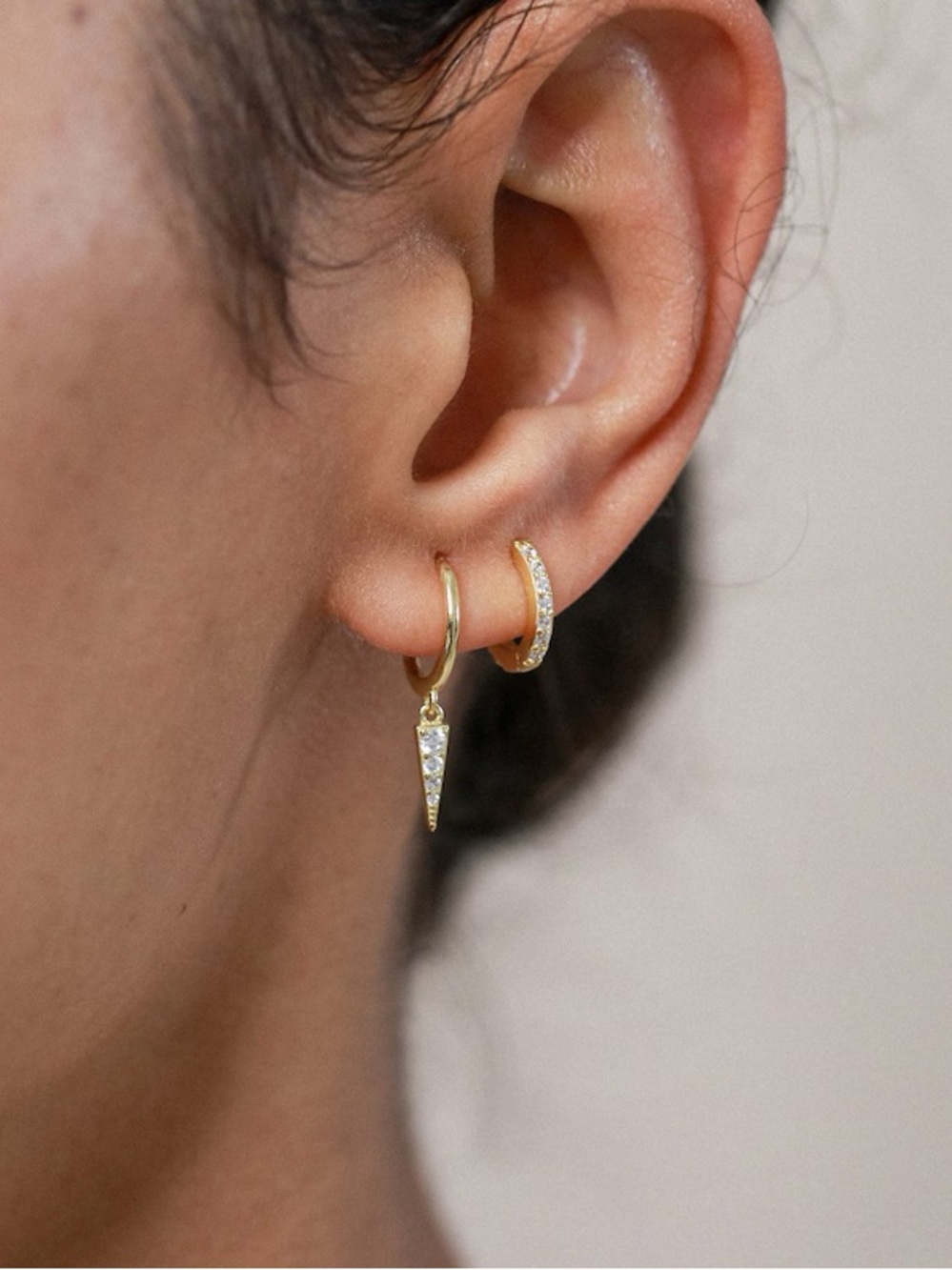 Gold CZ Huggie Hoop Earrings with Spike Charm NEW